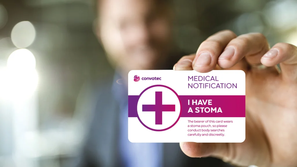 A stoma medical notification card from convatec that can be displayed to security